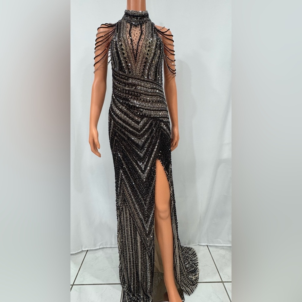 Elegant Black Beaded Evening Gown